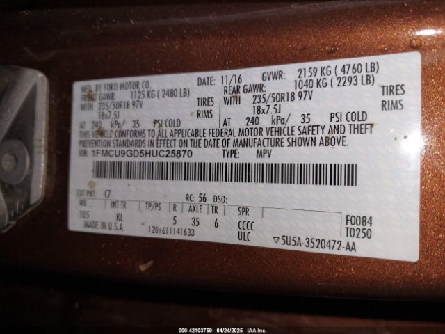 1FMCU9GD5HUC25870 Ford ESCAPE SE