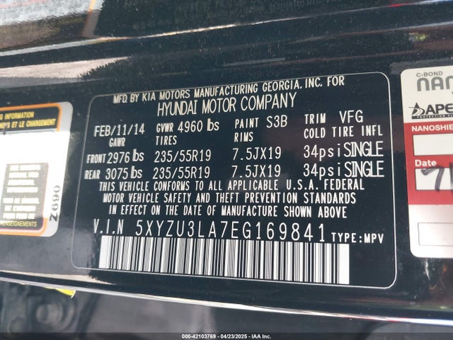 5XYZU3LA7EG169841 Hyundai Santa Fe Sport 2.0l Turbo