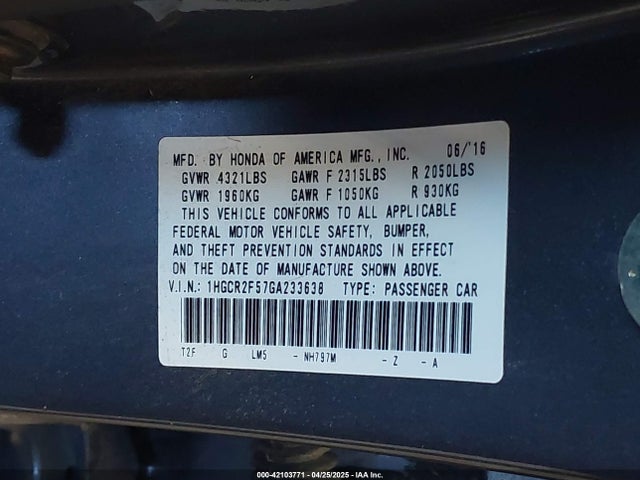 1HGCR2F57GA233638 Honda Accord Sport