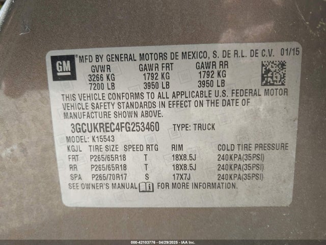 3GCUKREC4FG253460 Chevrolet Silverado 1500 2lt