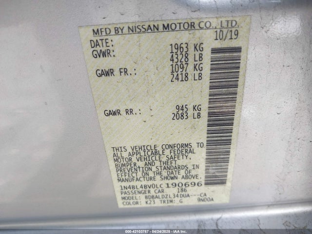 1N4BL4BV0LC190696 Nissan Altima S Fwd