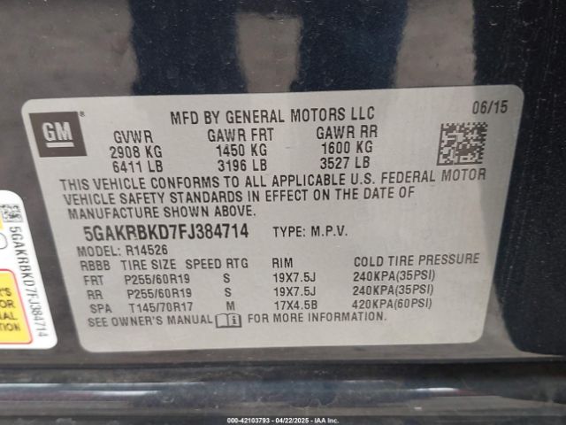 5GAKRBKD7FJ384714 Buick Enclave Leather