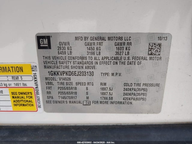 1GKKVPKD6EJ203130 GMC Acadia Sle-2