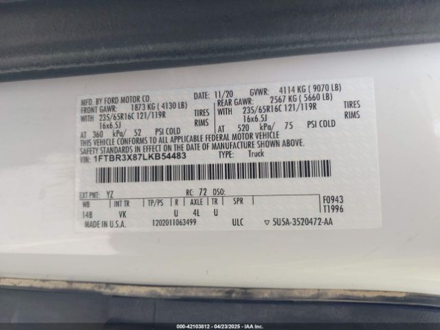 1FTBR3X87LKB54483 Ford Transit-250 Cargo Van