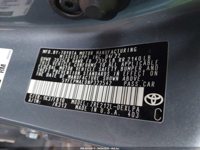 5YFEPMAE0NP322542 Toyota 2zr-fae
