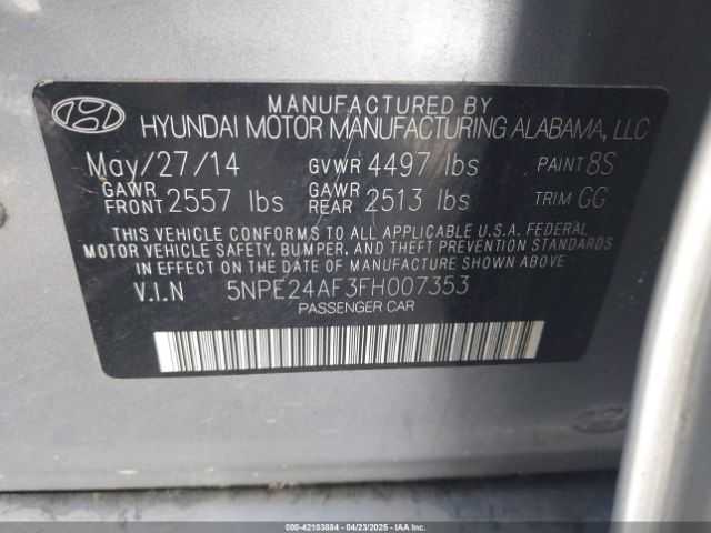 5NPE24AF3FH007353 Hyundai SONATA SE