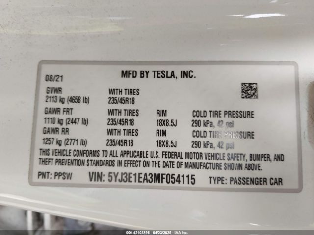 5YJ3E1EA3MF054115 Tesla Model 3 Standard Range Plus Rear-wheel Drive