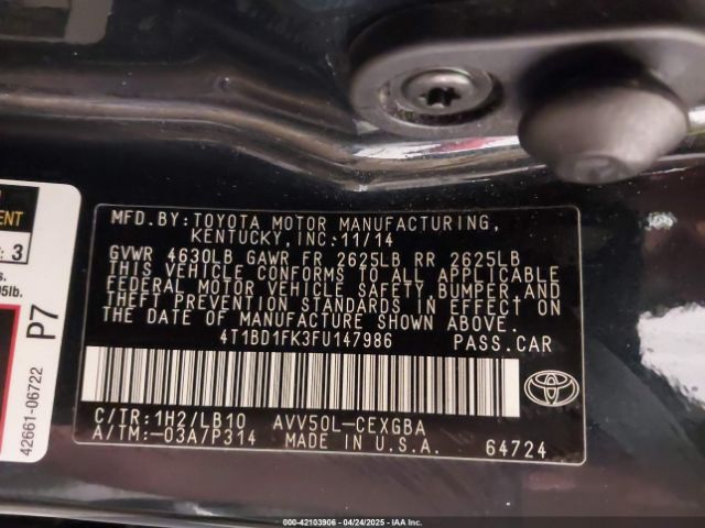 4T1BD1FK3FU147986 Toyota Camry Hybrid Xle