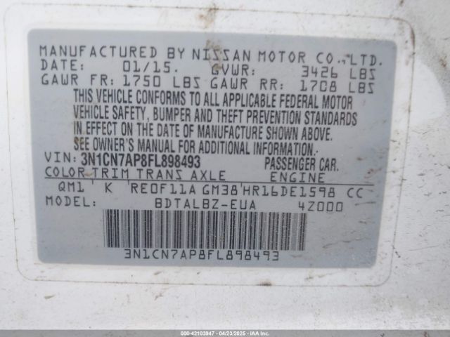 3N1CN7AP8FL898493 Nissan Versa 1.6 Sv