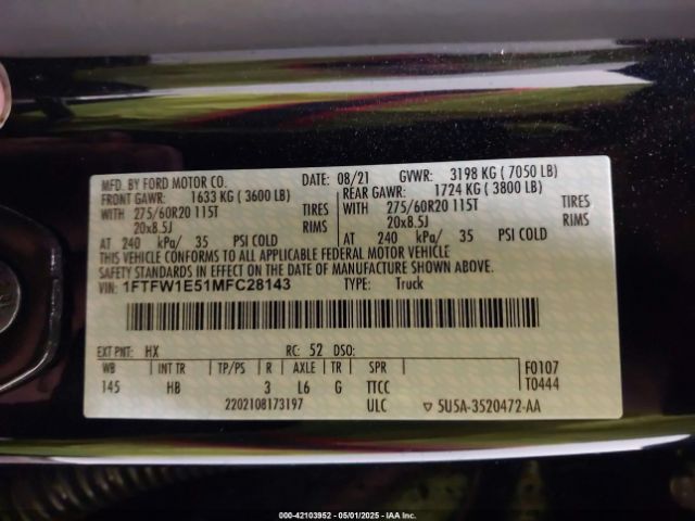 1FTFW1E51MFC28143 Ford F-150 Lariat