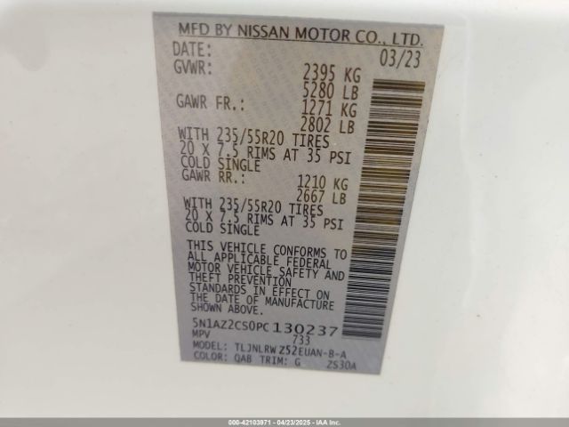 5N1AZ2CS0PC130237 Nissan Murano Sl Intelligent Awd