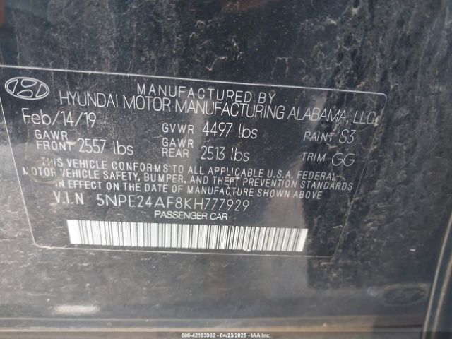 5NPE24AF8KH777929 Hyundai gdi theta-ii