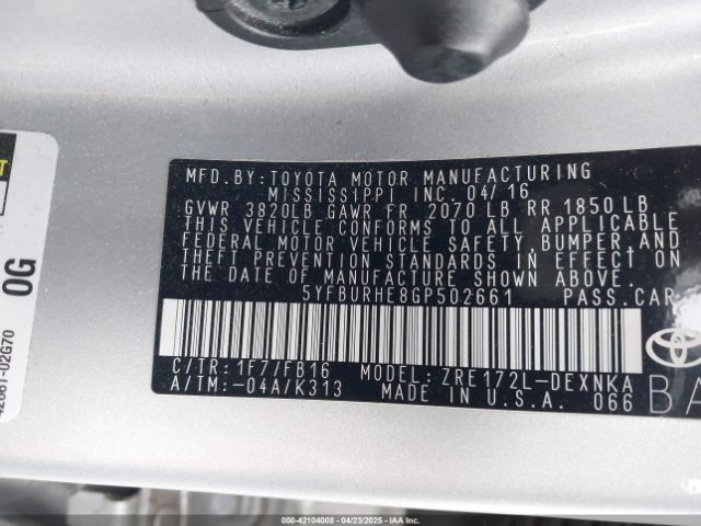 5YFBURHE8GP502661 Toyota COROLLA LE