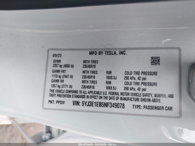 2022 TESLA MODEL 3 5YJ3E1EB5NF349078 Photo 8