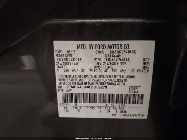Ford EDGE SEL 2019 2FMPK4J99KBB69279 Image 9