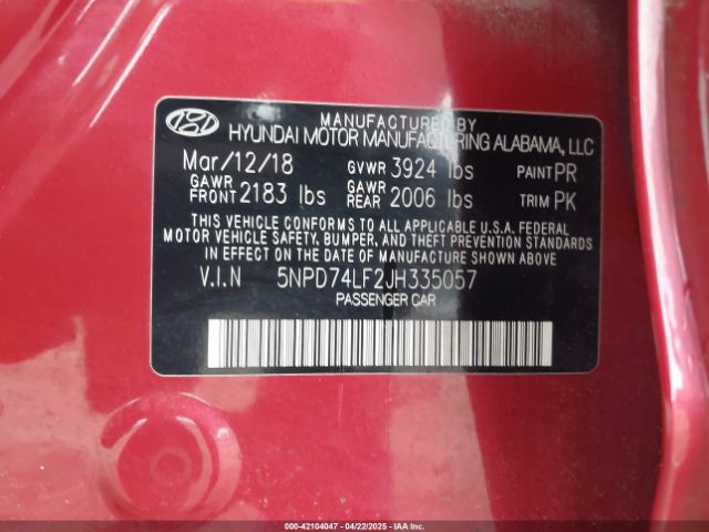 5NPD74LF2JH335057 Hyundai ELANTRA SE