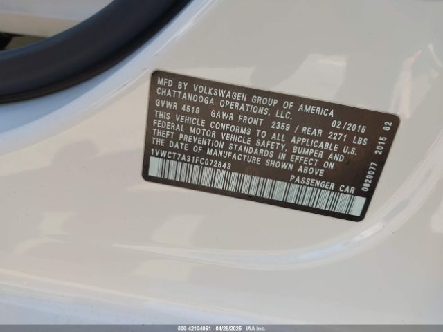 1VWCT7A31FC072643 Volkswagen Passat 1.8t Sel Premium