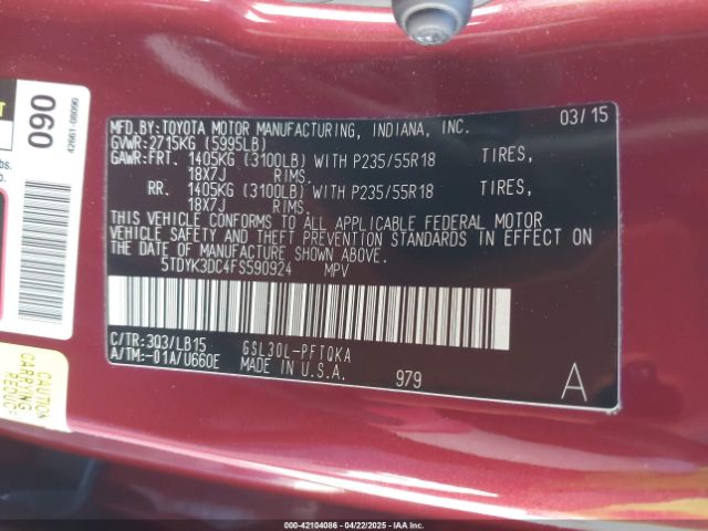 5TDYK3DC4FS590924 Toyota Sienna Limited Premium 7 Passenger