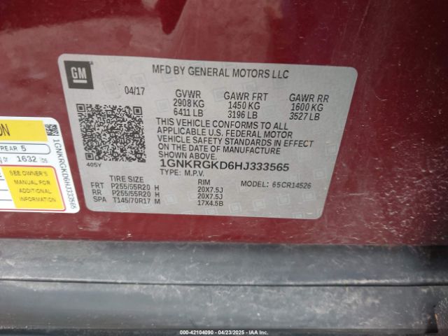 1GNKRGKD6HJ333565 Chevrolet Traverse 1lt