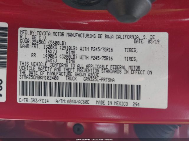3TMAZ5CN0KM102400 Toyota Tacoma Sr5 V6