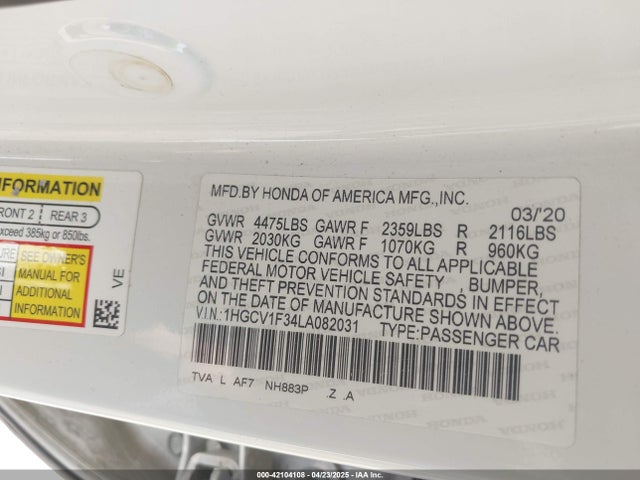 1HGCV1F34LA082031 Honda l15be