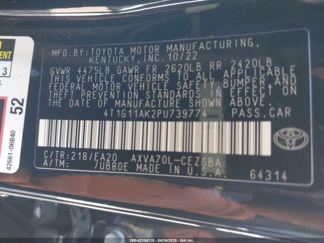 4T1G11AK2PU739774 Toyota CAMRY SE