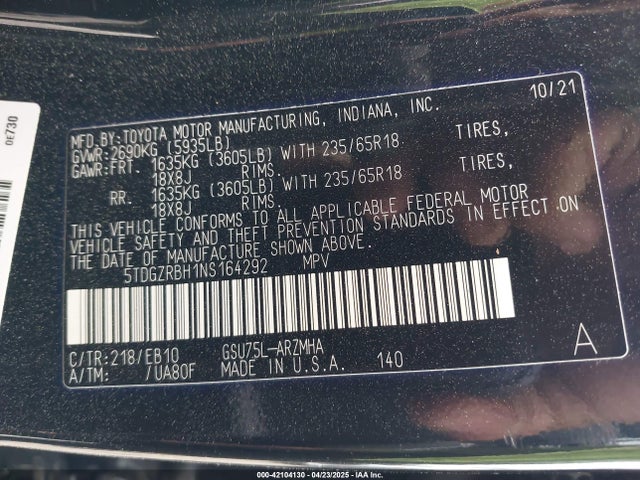 5TDGZRBH1NS164292 Toyota Highlander Xle