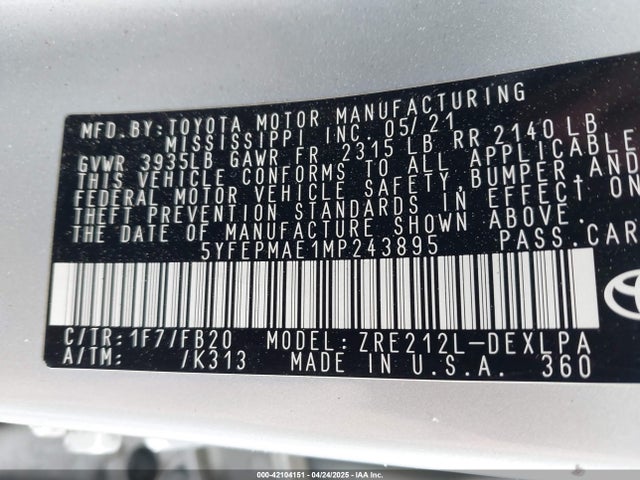 Toyota COROLLA LE 2021 5YFEPMAE1MP243895 Image 9