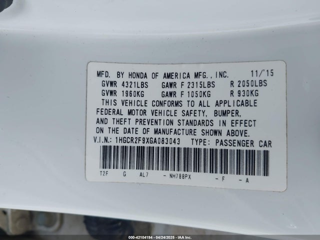 1HGCR2F9XGA083043 Honda Accord Ex-l