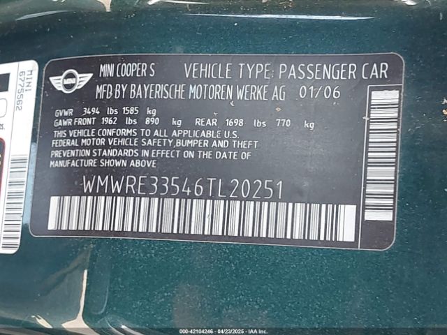 2006 MINI COOPER S WMWRE33546TL20251 Photo 8