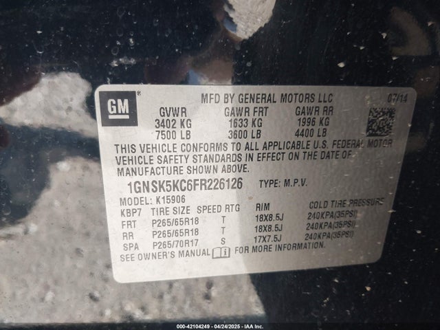 1GNSK5KC6FR226126 Chevrolet Suburban 1500 Commercial Fleet