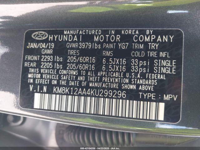 KM8K12AA4KU299296 Hyundai Kona Se
