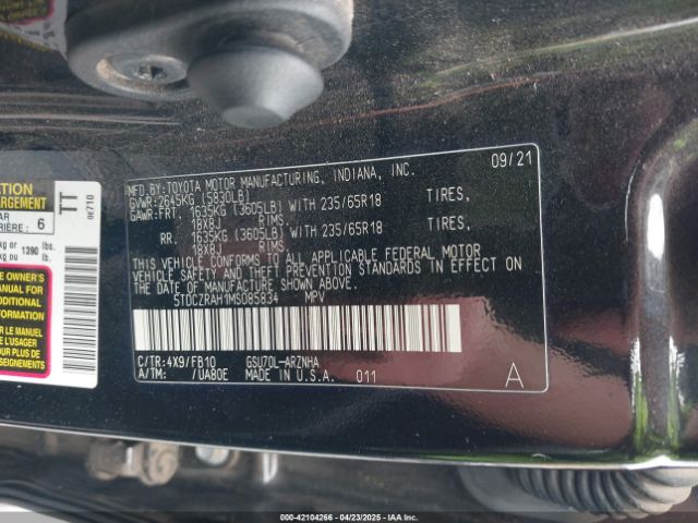 5TDCZRAH1MS085834 Toyota 2gr-fks