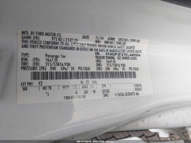 1FADP3F21EL446984 Ford FOCUS SE