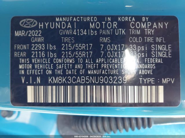 KM8K3CAB5NU903239 Hyundai Kona Sel