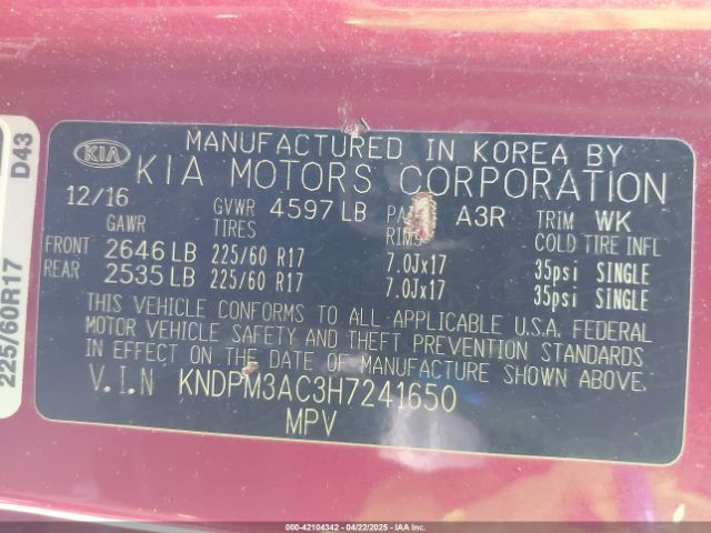 KNDPM3AC3H7241650 KIA Sportage Lx