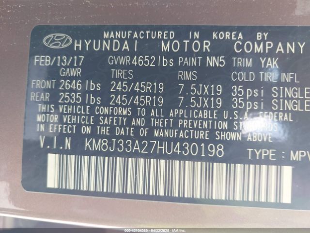 KM8J33A27HU430198 Hyundai Tucson Sport
