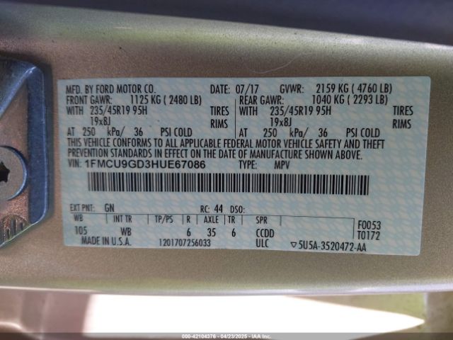 1FMCU9GD3HUE67086 Ford ESCAPE SE