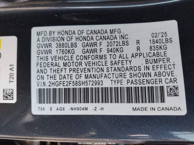 2HGFE2F58SH572993 Honda Civic Sport