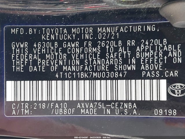 4T1C11BK7MU030847 Toyota Camry Le Awd