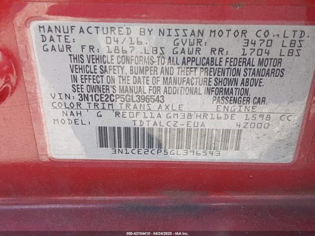 3N1CE2CP5GL396543 Nissan Versa Note S Plus