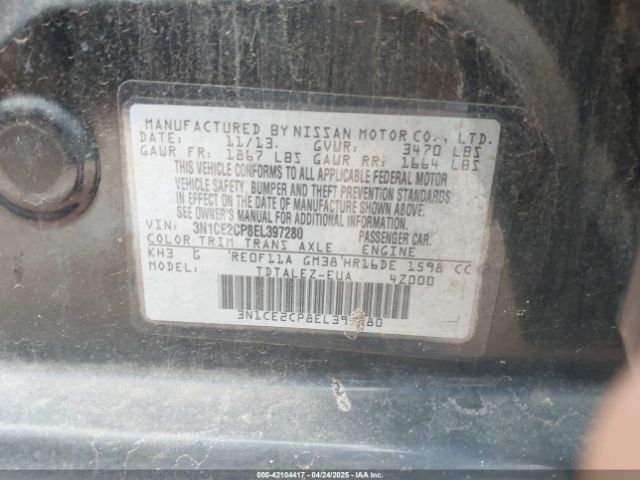 3N1CE2CP8EL397280 Nissan Versa Note Sv