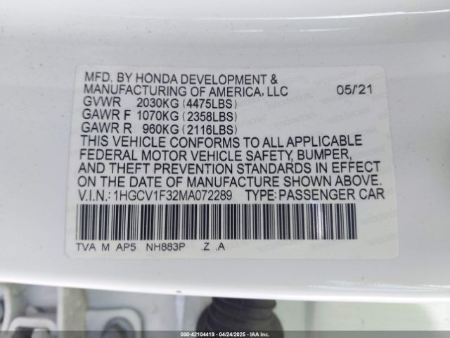 1HGCV1F32MA072289 Honda Accord Sport