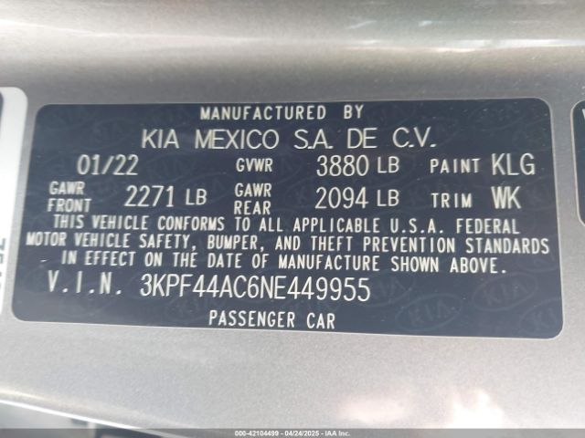 3KPF44AC6NE449955 KIA Forte Gt Manual