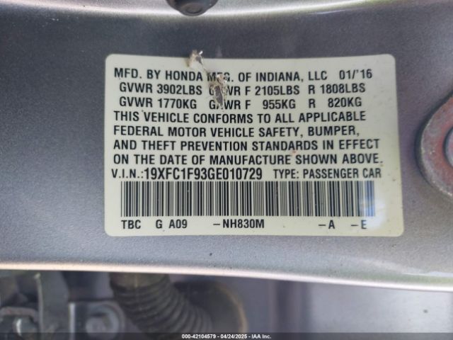 2016 HONDA CIVIC 19XFC1F93GE010729 Photo 8