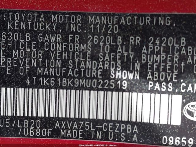 4T1K61BK9MU022519 Toyota Camry Xse Awd
