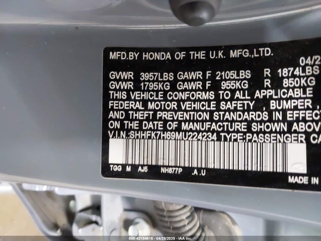 SHHFK7H69MU224234 Honda l15ba