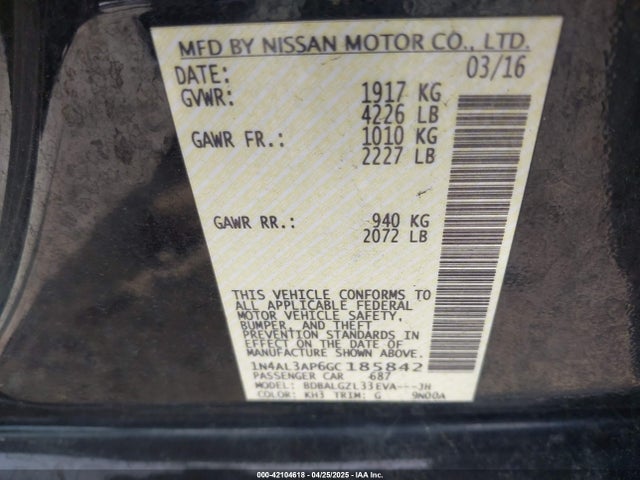 1N4AL3AP6GC185842 Nissan Altima 2.5 S