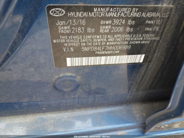 5NPD84LF7HH006989 Hyundai Elantra Limited