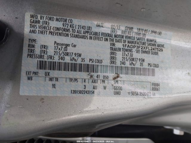 1FADP3F2XFL247529 Ford FOCUS SE